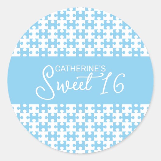 ベビーブルーとホワイトパズルス市松模様にット16 ラウンドシール (正面)