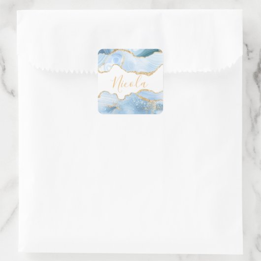 ベビーブルーと金ゴールドフェイクグリッターマーブルアゲート スクエアシール (バッグ)