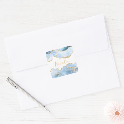 ベビーブルーと金ゴールドフェイクグリッターマーブルアゲート スクエアシール (封筒)