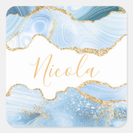 ベビーブルーと金ゴールドフェイクグリッターマーブルアゲート スクエアシール