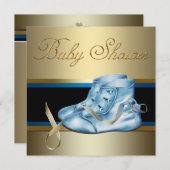 ベビーブルーと金ゴールドプリンスベビーシャワー 招待状 (正面/裏面)
