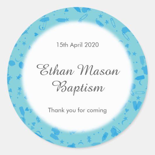 ベビーブルーのコンフェッティ 洗礼 誕生記念 贈り物 ラウンドシール (正面)