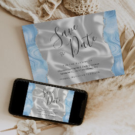 ベビーブルーのシルバーアゲート ホワイトシルクのSave the Date 招待状