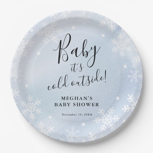 ベビーブルーのベビーシャワー外は寒い ペーパープレート (正面)