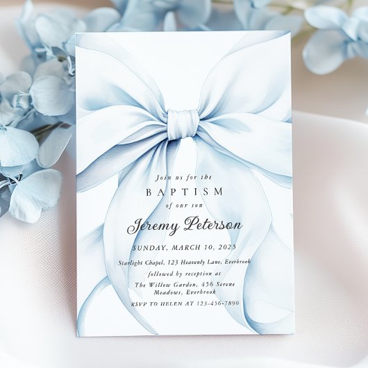 ベビーブルーのリボン 洗礼招待状 招待状