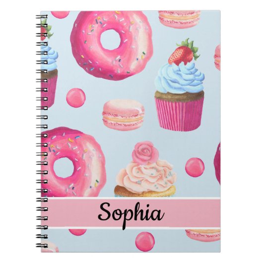 ベビーブルーの明るいピンクのドーナツとカップケーキ ノートブック (正面)