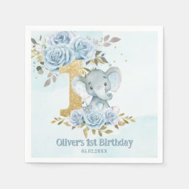 ベビーブルーの花と可愛い象の男の子1歳の誕生日 スタンダードカクテルナプキン