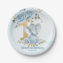 ベビーブルーの花と可愛い象の男の子1歳の誕生日 ペーパープレート