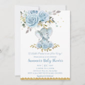 ベビーブルーの花のキュートなゾウの男の子ベビーシャワー 招待状 (正面)