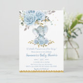 ベビーブルーの花のキュートなゾウの男の子ベビーシャワー 招待状 (スタンド正面)