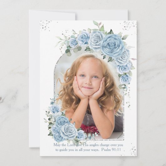 ベビーブルーの花の洗礼写真アーチ 招待状 (正面)