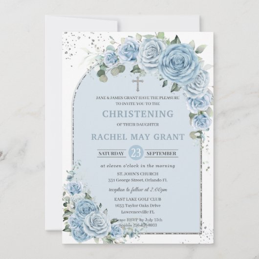 ベビーブルーの花の洗礼写真アーチ 招待状 (裏面)