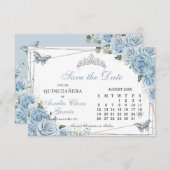 ベビーブルーの花柄のキンチェアネラ スイート16 カレンダー セーブザデート (正面/裏面)