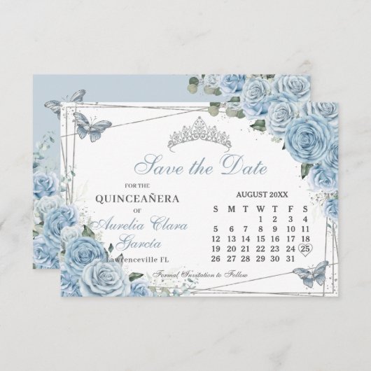 ベビーブルーの花柄のキンチェアネラ スイート16 カレンダー セーブザデート (正面/裏面)