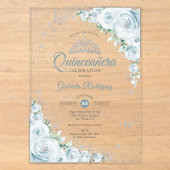 ベビーブルーの花柄ウォーターカラーのバラのQuinceanera アクリル招待状 (正面)
