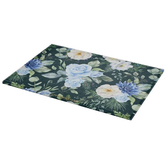 ベビーブルーアイボリーホワイトローゼスフローラグリーンリーカスタム カッティングボード (角)