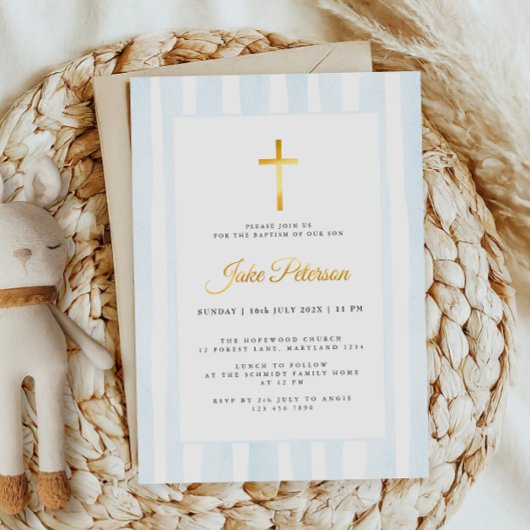 ベビーブルーウォーターカラーバプテスマ 箔招待状