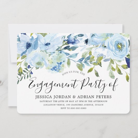 ベビーブルーウォーターカラーフラワーズ婚約パーティ 招待状 (正面)