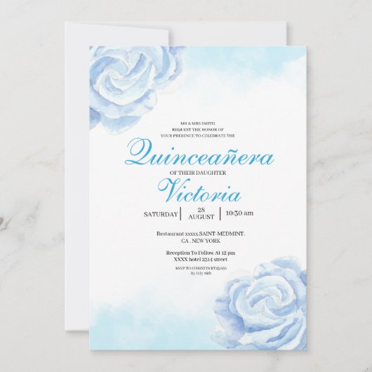 ベビーブルーウォーターカラーフローラバラキンセアニェラ 招待状 (正面)