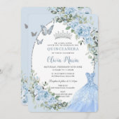 ベビーブルーエレガントフローラドレスシルバーキンセアニラ 招待状 (正面/裏面)