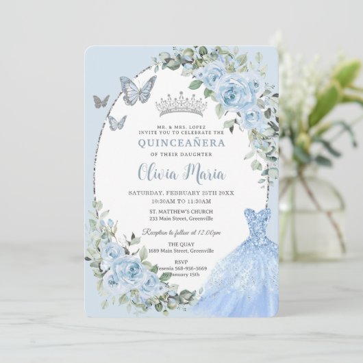 ベビーブルーエレガントフローラドレスシルバーキンセアニラ 招待状 (スタンド正面)