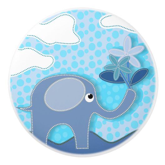 ベビーブルーエレファントアンドフラワー子供部屋 セラミックノブ (正面)