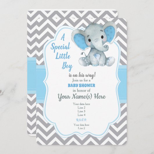 ベビーブルーエレファントベビージャーシャワー招待状シェブロン 招待状 (正面/裏面)