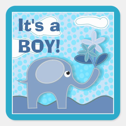 ベビーブルーエレファント男の子の赤ちゃんシャワー スクエアシール (正面)