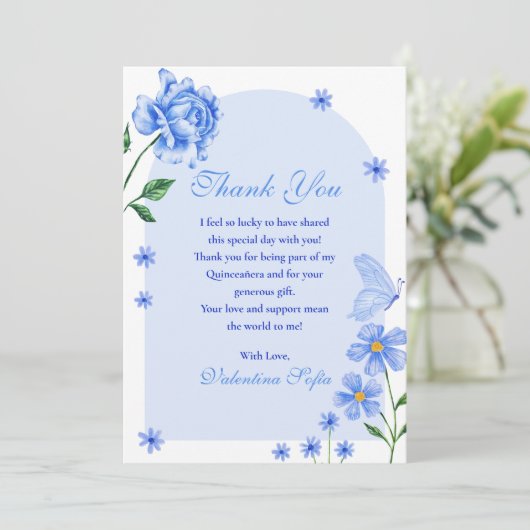 ベビーブルーキンセアニラバラと蝶の写真 サンキューカード (スタンド正面)