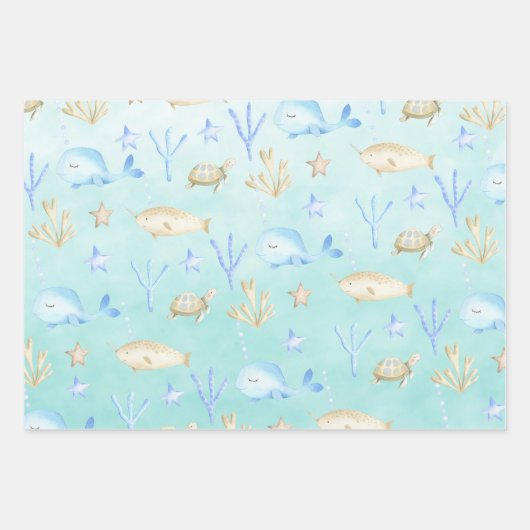 ベビーブルークジラタコシーホースアンダーシーアクア ラッピングペーパーシート (正面3)