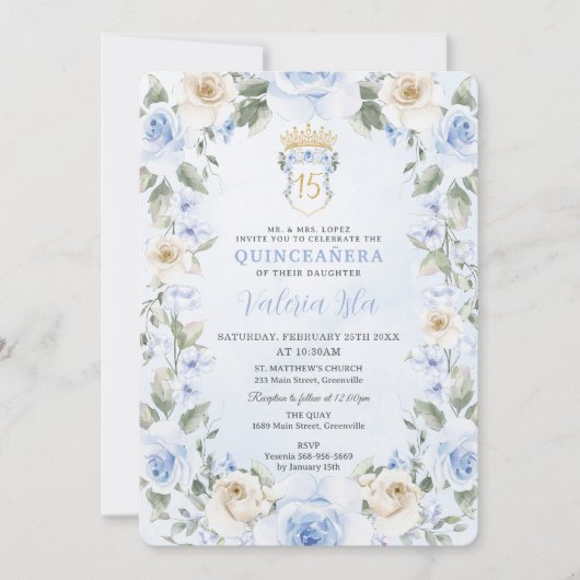 ベビーブルークリームフローラリース金ゴールドキンセアニラ 招待状 (正面)