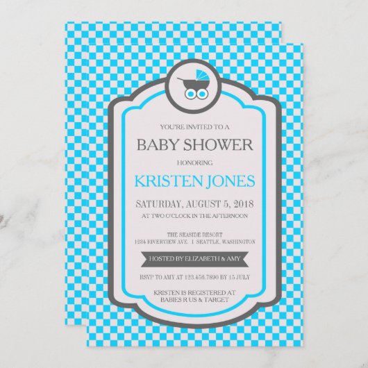 ベビーブルークレードル赤ちゃんシャワー 招待状 (正面/裏面)