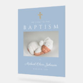 ベビーブルークロスフォトボーイバプテスマ歓迎 アクリルサイン (傾斜)