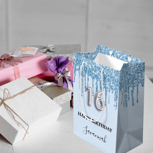 ベビーブルーグリッタードリップスネームSweet 16 ミディアムペーパーバッグ