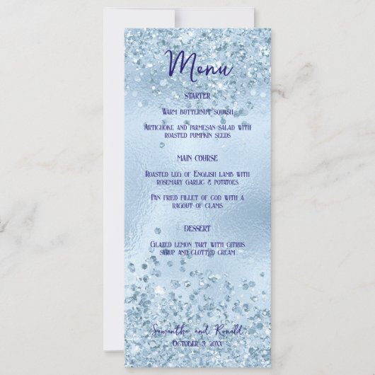 ベビーブルーグリッター&フォイル結婚ズのディナーメニューカード 招待状 (正面)