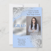 ベビーブルーシルバーグリッター写真卒業 招待状 (正面)