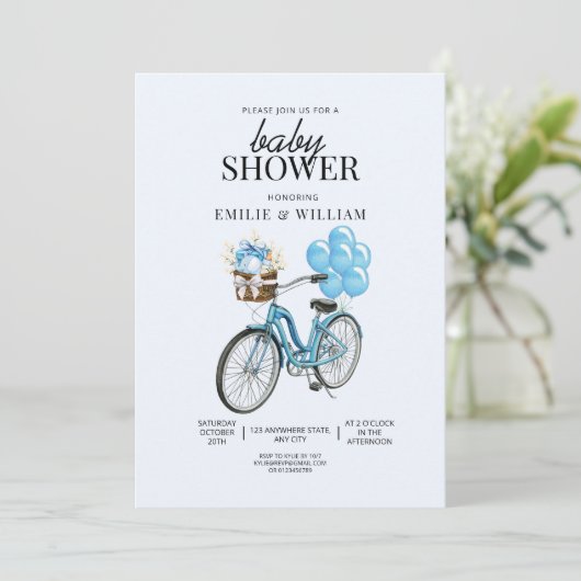 ベビーブルーバイクベビーシャワー招待状、それが男の子 招待状 (スタンド正面)