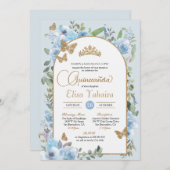 ベビーブルーバタフライウォーターカラーフローラキンセアニラ 招待状 (正面/裏面)