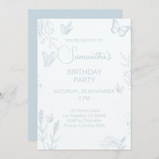 ベビーブルーバタフライ誕生日招待状 招待状 (正面/裏面)