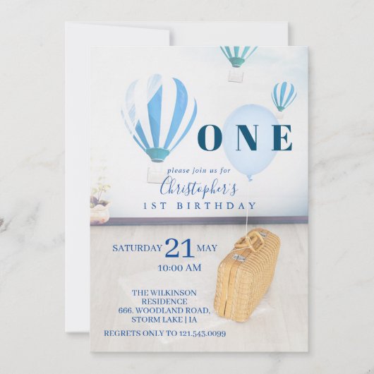 ベビーブルーバルーン1st誕生日招待状 招待状 (正面)