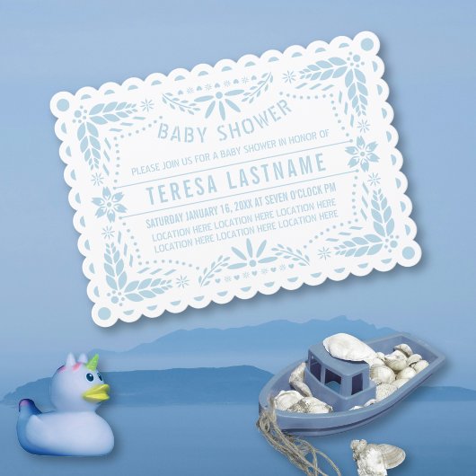 ベビーブルーパペルピカドホワイト男の赤ちゃんシャワー 招待状
