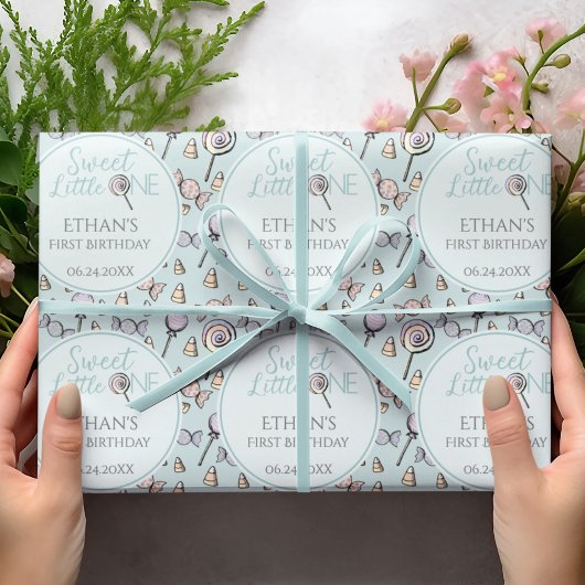 ベビーブルーファースト1歳バースデーキャンディテーマ ラッピングペーパー