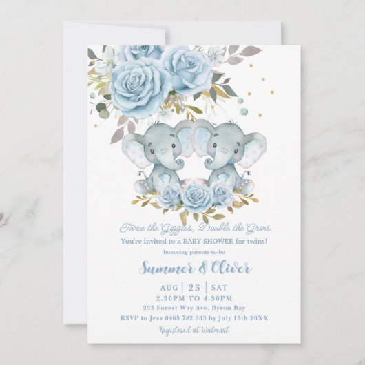 ベビーブルーフローラかわいいゾウ双生児シャワー 招待状 (正面)