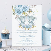 ベビーブルーフローラかわいいゾウ双生児シャワー 招待状