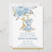 ベビーブルーフローラかわいい象ワン誕生日 招待状 (正面)