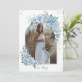 ベビーブルーフローラシルバー赤ちゃんシャワー写真アーチ 招待状 (スタンド正面)