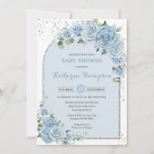 ベビーブルーフローラシルバー赤ちゃんシャワー写真アーチ 招待状 (裏面)