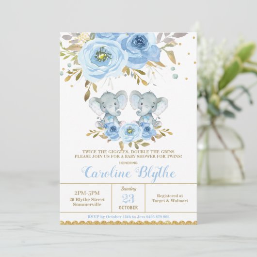 ベビーブルーフローラゾウ双子ボーイズ赤ちゃんシャワー 招待状 (スタンド正面)