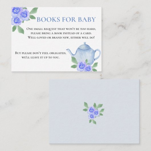 ベビーブルーフローラティーポット赤ちゃんシャワー用の本 エンクロージャーカード (正面/裏面)