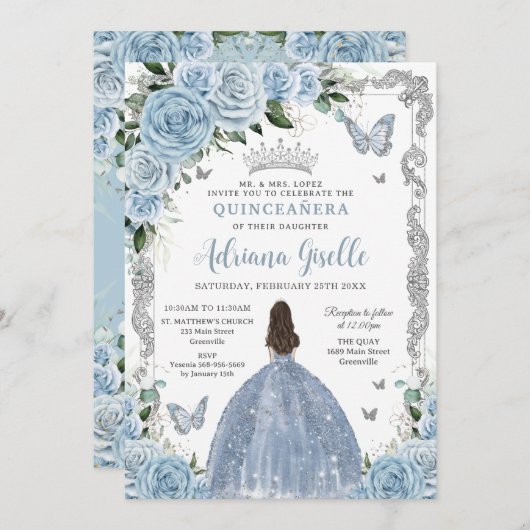 ベビーブルーフローラプリンセスドレスシルバーキンセアニェラ 招待状 (正面/裏面)